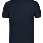 Back view of a plain black polo shirt with short sleeves and a collar. The fabric appears smooth and the shirt has a simple, classic design.