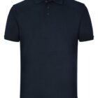 A plain black polo shirt with short sleeves and a classic collar. It features a three-button placket down the front. The material appears smooth and the shirt is neatly displayed against a white background.
