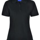 A black short-sleeve polo shirt with a collar and button placket. The shirt has a blue inner tag at the neckline. The fabric appears smooth and of medium weight, displayed against a white background.