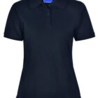 A plain black short-sleeve polo shirt with a collar and three-button placket. The shirt is displayed against a white background and features a blue label at the neck.