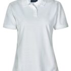 White polo shirt with short sleeves and a collar. It has a buttoned placket and side slits at the hem.