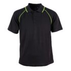 Black polo shirt with neon green piping along the shoulders and sleeves. It features a buttoned placket and a classic collar. The design is simple and sporty.