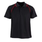 Black polo shirt with red piping on the shoulders and sleeves, featuring a three-button placket and a structured collar. The shirt is displayed on a plain white background.