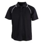 A black polo shirt with a collar and short sleeves. It has white piping along the shoulders and upper sleeves. The shirt features a three-button placket on the front.