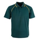 Green polo shirt with short sleeves and a collar, featuring yellow piping along the shoulder seams. The shirt has a button-up neckline with three buttons.