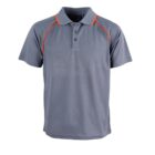 Gray polo shirt with short sleeves, featuring orange piping along the shoulder seams. The shirt has a three-button placket and a soft, smooth texture.