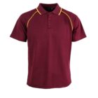A maroon polo shirt with short sleeves and a collar. It features yellow piping along the shoulders and down the sleeves. Three buttons are visible below the collar.