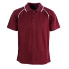 A burgundy polo shirt with short sleeves and a collar. It features white piping along the shoulders. The shirt has three buttons on the placket.