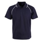 A black polo shirt with white piping along the shoulders and sleeves, featuring a three-button collar. The shirt is displayed on a plain white background.