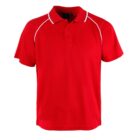 Red polo shirt with short sleeves and a collar. The shirt features thin white piping accents along the shoulders. It has a three-button placket at the front. The shirt appears to be made of lightweight fabric.