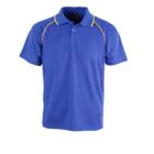 Blue polo shirt with short sleeves and a yellow trim along the shoulder seams. The shirt has a button-up collar and appears plain without any logos or designs.
