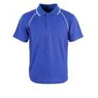 A royal blue polo shirt with short sleeves and a collar. It features white piping that runs from the shoulders down to the armpits. There are three buttons below the collar.