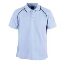 Light blue polo shirt with black piping on the shoulders. The shirt has a classic collar, a buttoned placket with three buttons, and short sleeves. The fabric appears smooth and lightweight.