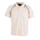 Beige short-sleeved polo shirt with black piping along the shoulders. It features a three-button placket and a classic collar. The shirt is plain, without any visible logos or designs.