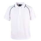A plain white polo shirt with black piping along the shoulders and sleeves, featuring a button-up collar. The shirt is displayed against a white background.