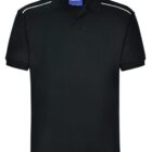 A plain black polo shirt with short sleeves, featuring white piping along the shoulders. It has a collar and a buttoned placket.