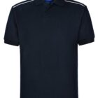 A plain navy blue polo shirt with a collar and short sleeves, featuring white piping detail along the shoulders. The background is white.