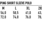 Size chart for mens cotton contrast piping short sleeve polo, showing measurements in S to 5XL. Includes sizes for half chest (53.5 to 71.0 cm) and body length (70.0 to 84.0 cm). Features 100% Cotton Fabric icon.