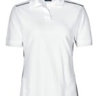A white polo shirt with short sleeves and a collar. The shirt features subtle black accents along the shoulders and sides.