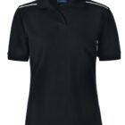 Black short-sleeve polo shirt with a collar and a buttoned placket. The shirt features white stripes on the shoulders and has a subtle texture.