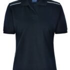 A black polo shirt with a collar and short sleeves. It features subtle white piping along the shoulder seams and has a small insignia on the inside back collar.