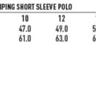 Size chart for a ladies cotton contrast piping short sleeve polo. Sizes 8-18 listed with half chest measurements from 45.0 to 56.0 and body length from 59.0 to 69.0 cm. Includes a 100% cotton fabric icon.