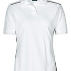 White short-sleeved polo shirt with a collar and buttoned front. Features dark vertical accents on the shoulders and sides. Displayed against a plain background.