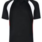 Black short-sleeve polo shirt with white and red side panels. The shirt features a classic collar and a buttoned placket.