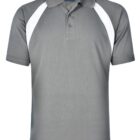 Gray polo shirt with a collar, short sleeves, and buttoned placket. It features white diagonal panels on the shoulders, adding contrast to the design. The shirt appears to be made of a light, breathable fabric.