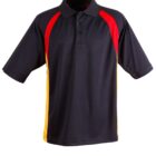 A black short-sleeve polo shirt with red and yellow accents on the sides and sleeves. The shirt features a classic collar and a three-button placket.