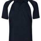 A black polo shirt with short sleeves and a collar, featuring white panels on the shoulders. The shirt has three buttons at the neckline.
