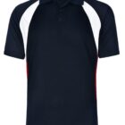 A black polo shirt with white panels on the shoulders and red accents on the sides. The shirt features a classic collar and a button placket.
