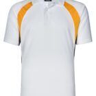 A white short-sleeve polo shirt featuring orange and black stripes on the shoulders and sides. The shirt has a collar and three buttons at the top.