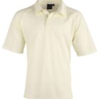 A plain, off-white, short-sleeved polo shirt with a classic collar and three-button placket is displayed on a white background.