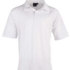 A plain white short-sleeve polo shirt with a collar and three buttons down the front. The shirt is displayed on a white background.
