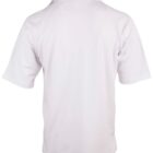 A plain white short-sleeve polo shirt shown from the back, featuring a simple collar and seams running from the shoulders to the cuffs.