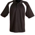 A black polo shirt with short sleeves featuring white panels on the sides. It has a classic collar and a three-button placket. The shirt is displayed against a plain white background.