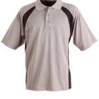 A gray polo shirt with short sleeves and a collar, featuring black side panels and a three-button placket in the front. The shirt is displayed on a white background.