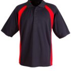 A black and red short-sleeve polo shirt with a collar and three buttons. The shirt features red panels along the shoulders and sides, creating a contrasting design.