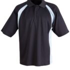 A black polo shirt with light blue side panels and short sleeves on a white background. The shirt has a collar and three buttons at the top.