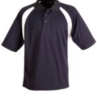 A black short-sleeved polo shirt with white side panels and a black collar. It has a three-button placket and is displayed against a white background.