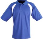 A blue polo shirt with short sleeves and a collar, featuring white side panels. The shirt has a button-up placket with three buttons. The fabric appears smooth, suitable for casual or sporty wear.