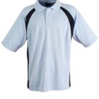 A light blue polo shirt with black accents on the sides and sleeves. The shirt features a buttoned placket and a classic polo collar. Its displayed on a white background.