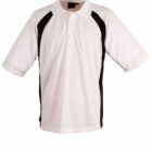 White short-sleeve polo shirt with black accents on the sides and black detailing along the shoulders, creating a contrast design. It features a collar and a buttoned placket. The shirt appears on a plain white background.