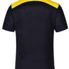 Back view of a black polo shirt with a bright yellow stripe across the shoulders.