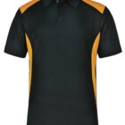 A black polo shirt with short sleeves and a collar, featuring yellow panels on the shoulders and sides. It has a three-button placket.
