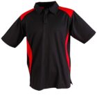 Black and red short-sleeve polo shirt with a collar and buttoned placket. The shirt features bright red panels on the shoulders and sides, adding a sporty look. No visible logos or designs.