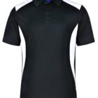 Black polo shirt with a collar and short sleeves, featuring white panels on the shoulders and sides. A dark blue tag is visible inside the collar. The shirt is displayed against a white background.