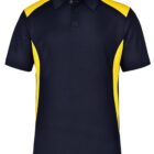 A short-sleeved polo shirt with a black base color. It features bright yellow panels along the shoulders and sides, creating a striking contrast. The shirt has a collar and a two-button placket.