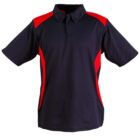 A black polo shirt with red accents on the shoulders and sides. The shirt features a classic collar and short sleeves, creating a sporty look.
